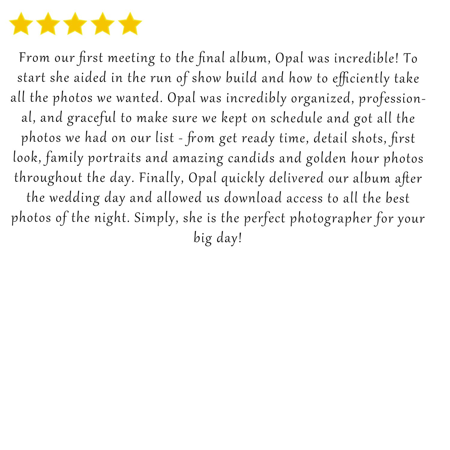 Detailed 5-star review praising Opal's organization and delivery of wedding photography services.
