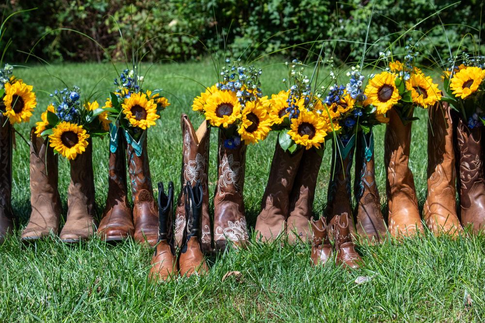Row of cowboy boots lined up with sunflowers creating a rustic wedding photo, sunflowers, cowboy boots, Jacks Barn, Oxford NJ