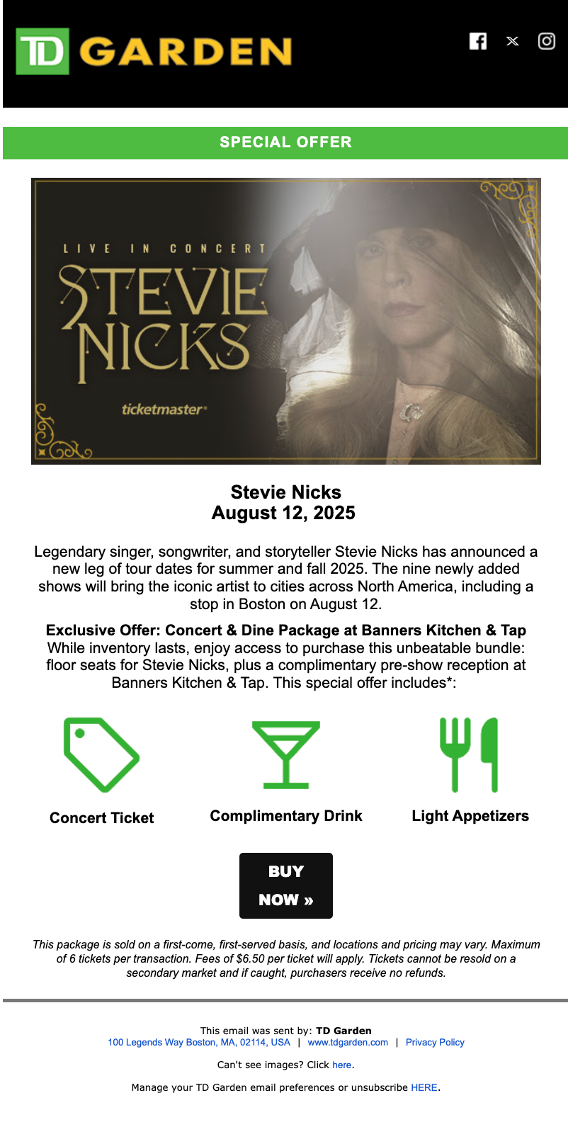 TD Garden promotional email featuring Stevie Nicks concert offer with ticket package including drinks and appetizers for August 12, 2025.