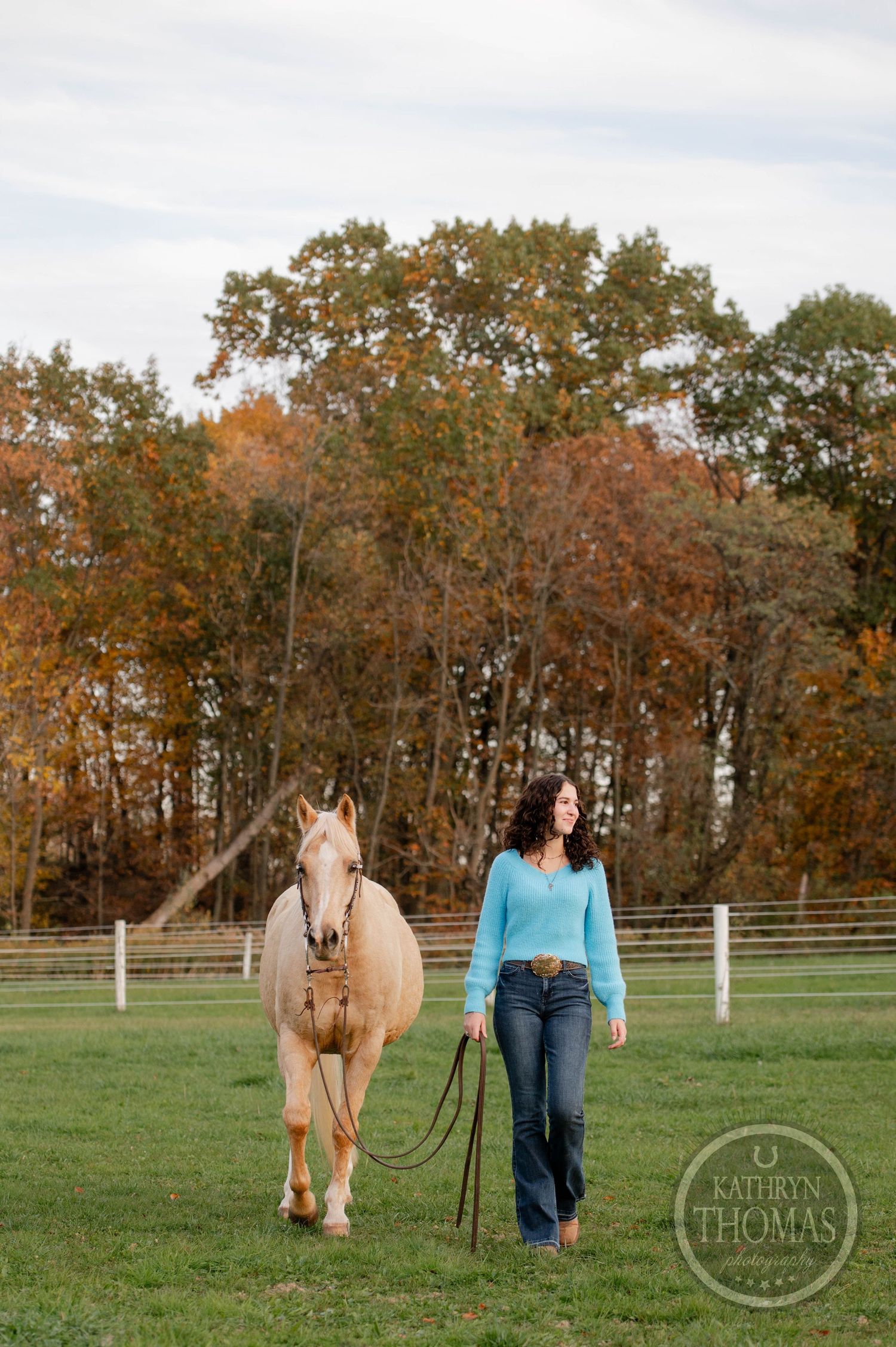 A beautiful palomino horse walks alongside someone on a lead rope through an autumn pasture.