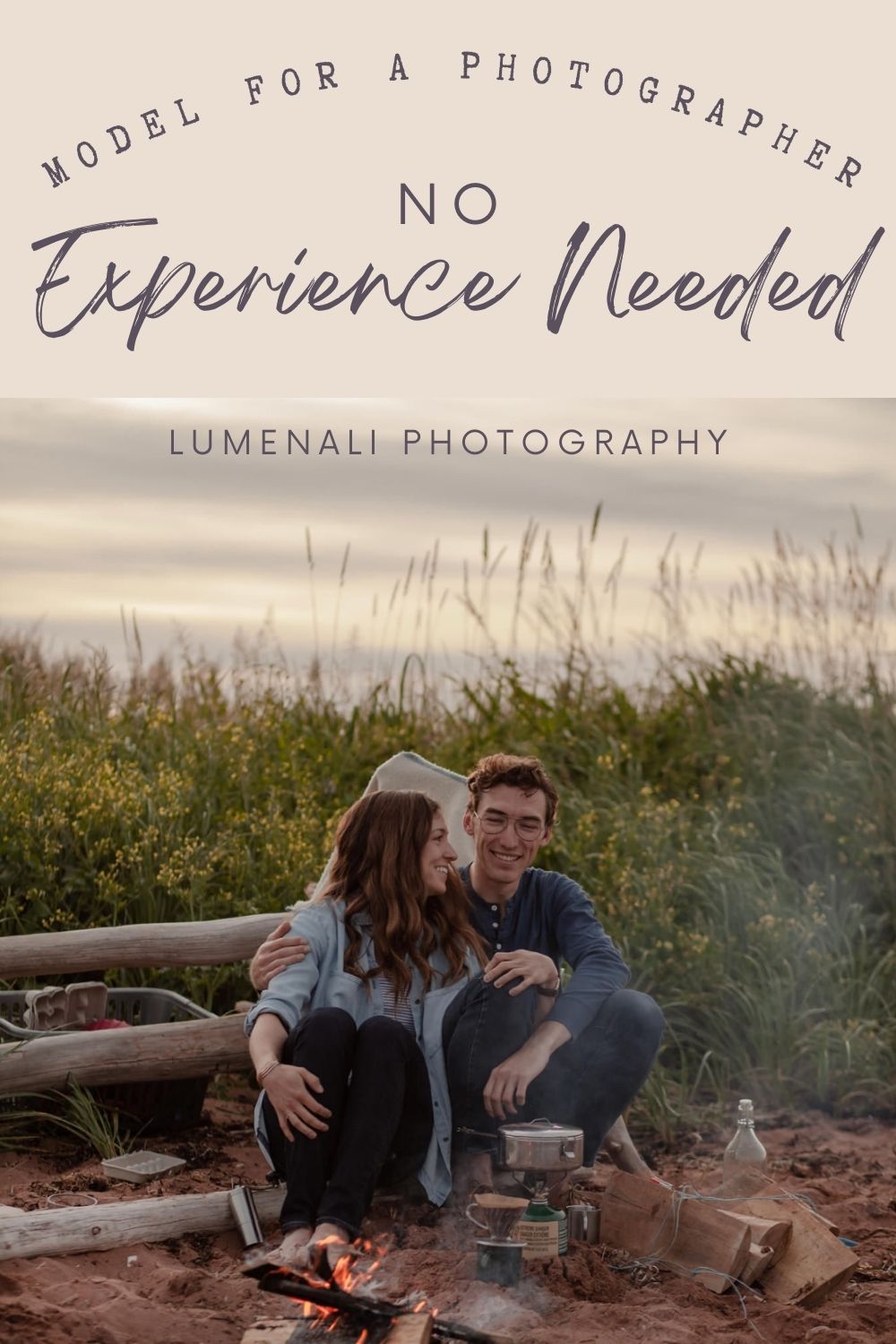 Couple sitting by a beach campfire during a cinematic storytelling photoshoot in Ontario with text overlay. Lumenali Photography.