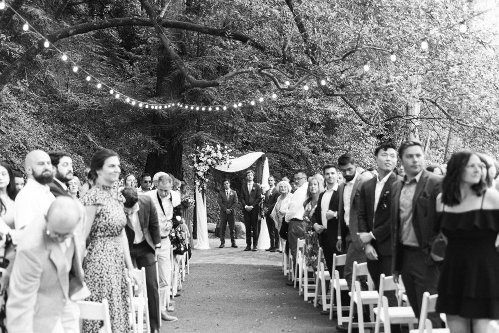 Black and white photo showing wedding guests standing along an outdoor path under string lights and trees at dusk.