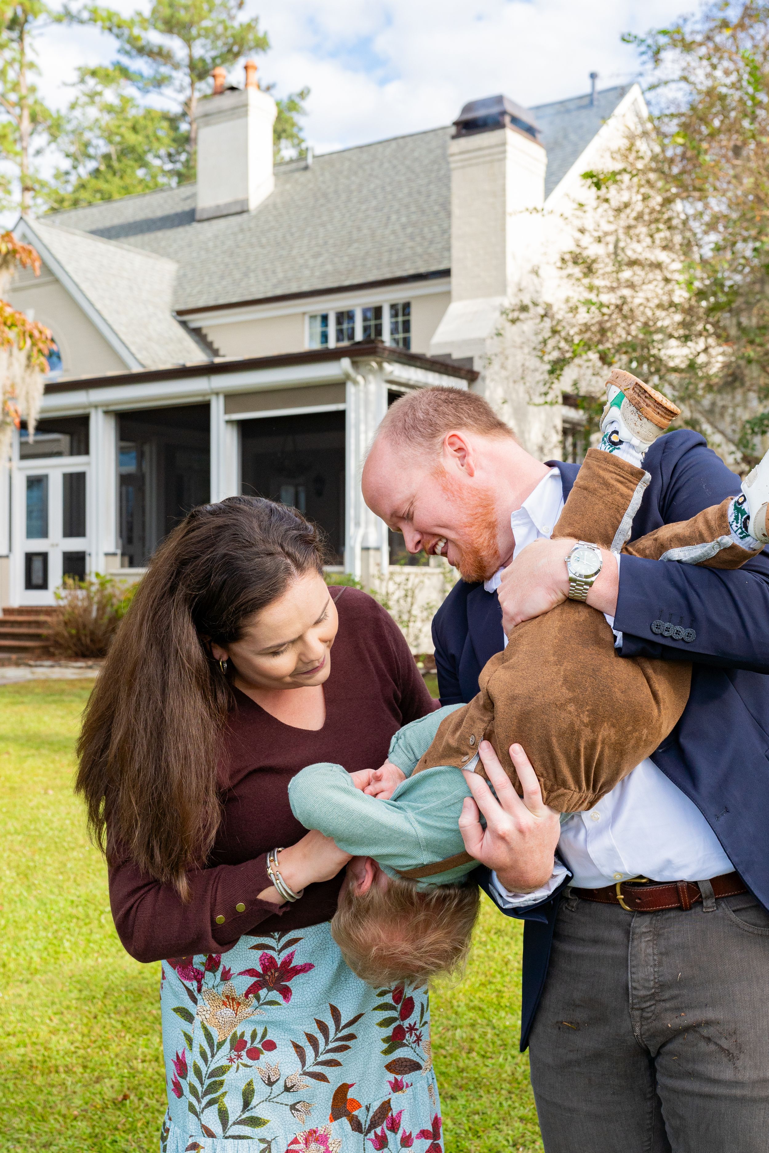 A sequence of four photos showing a couple in an outdoor setting sharing intimate dance poses in front of a house.