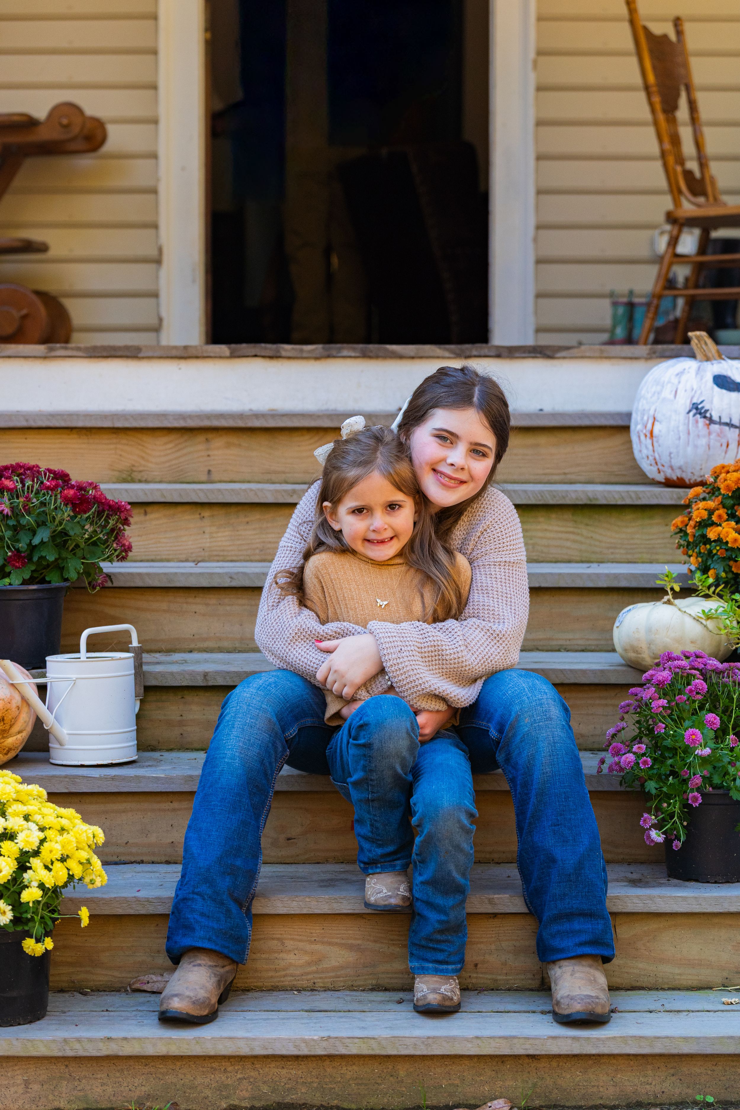 A series of cropped photos showing people sitting on wooden porch steps with colorful flowers and plants in the background.