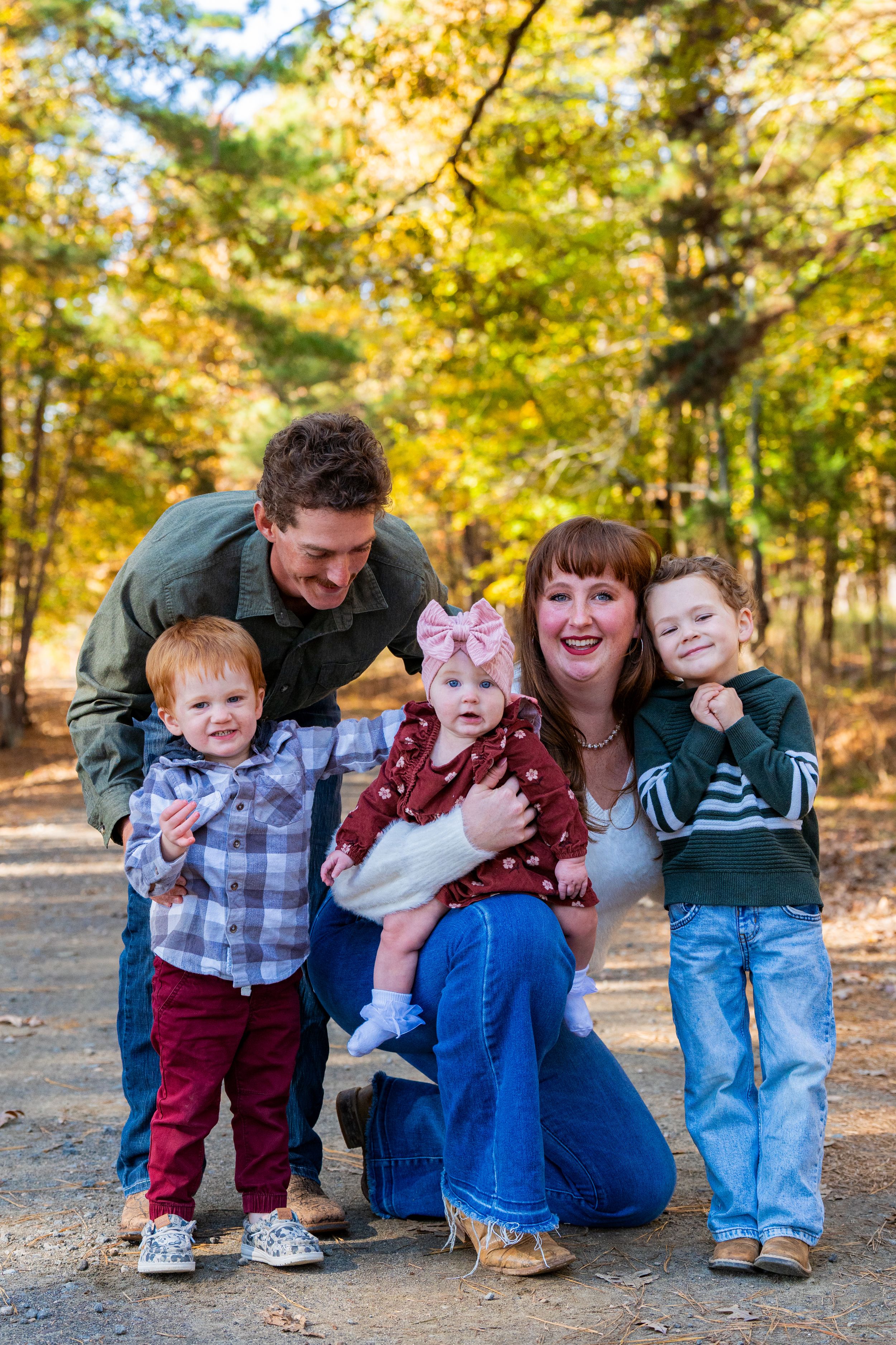 A playful series of family photos showing a group sitting together outdoors in autumn with golden trees in the background.