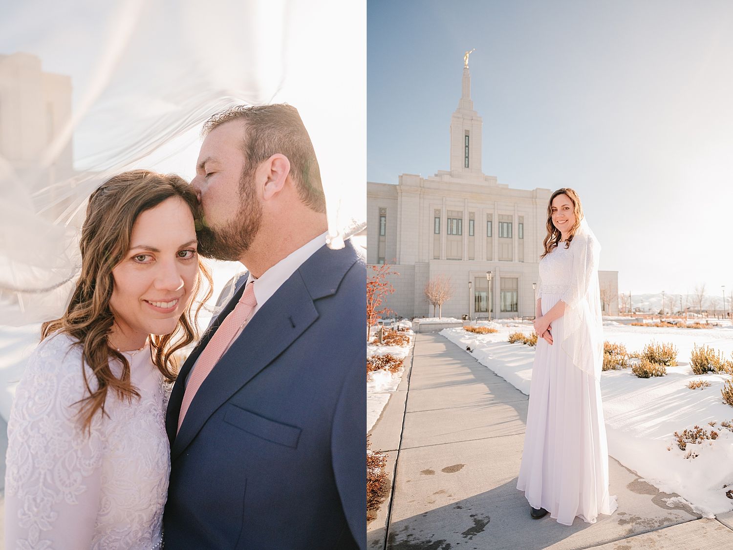 A couple in wedding attire share a tender moment outside a modern white temple building.