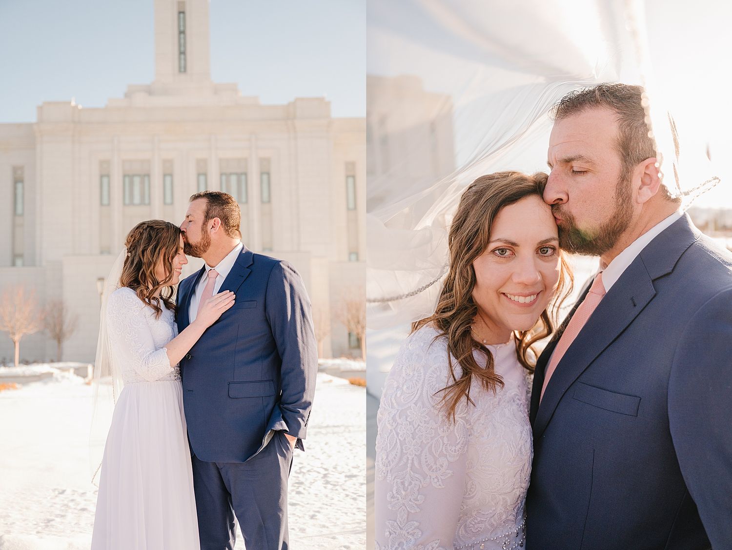 A romantic winter wedding photo shows a couple embracing outside a beautiful white temple on a bright snowy day.