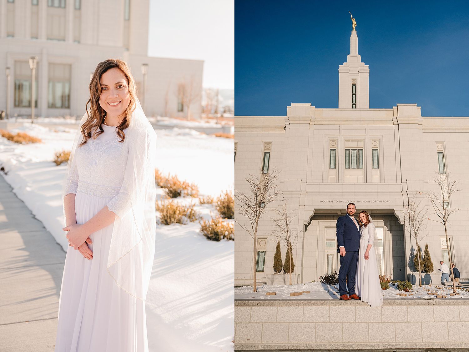 A pair of elegant winter wedding photos featuring a white temple entrance and snow-covered grounds.