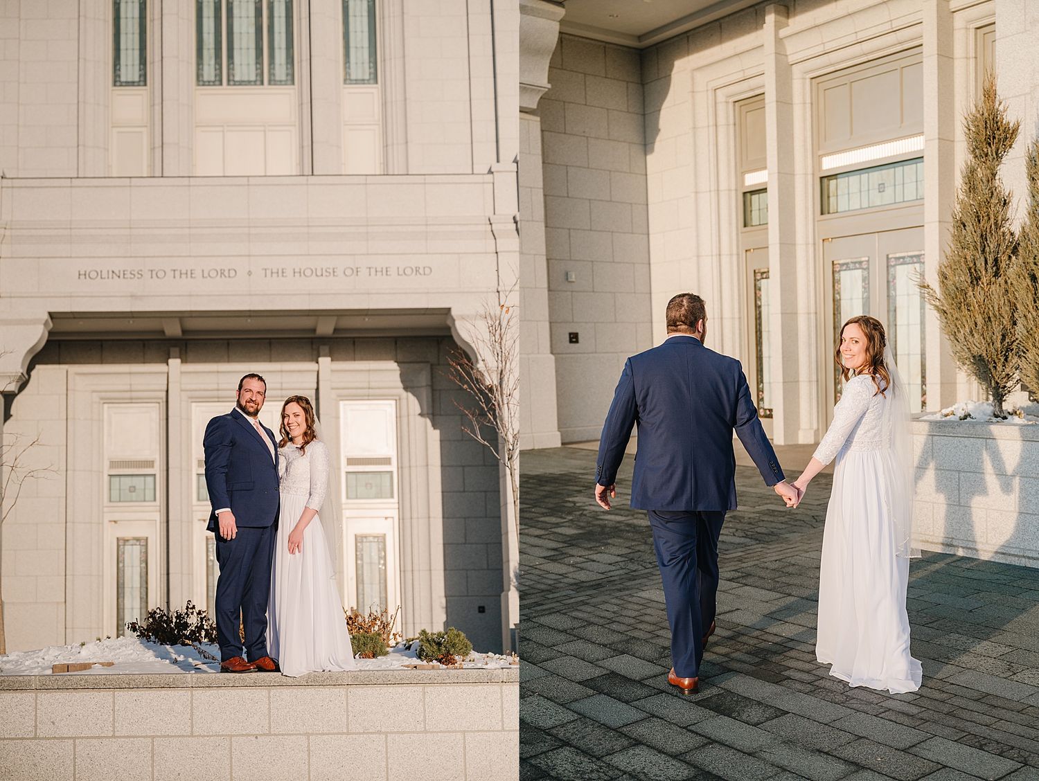 Newlyweds pose together at temple entrance before walking away hand in hand on their wedding day.