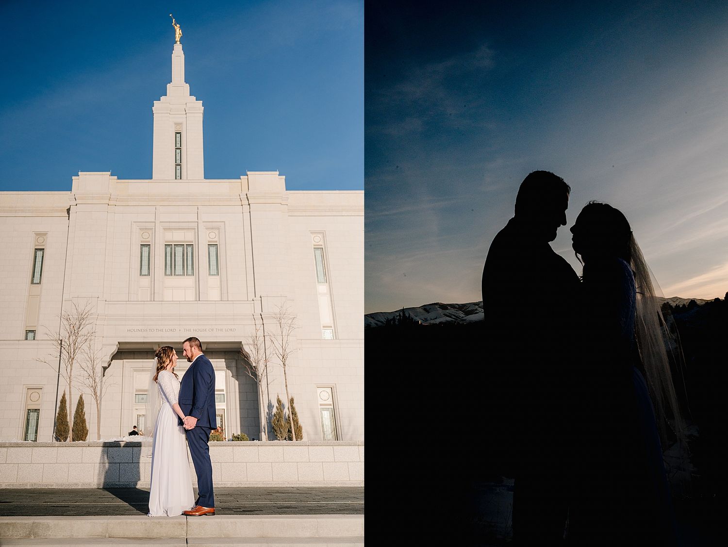 Wedding portraits in front of a white temple building and a silhouette at sunset.