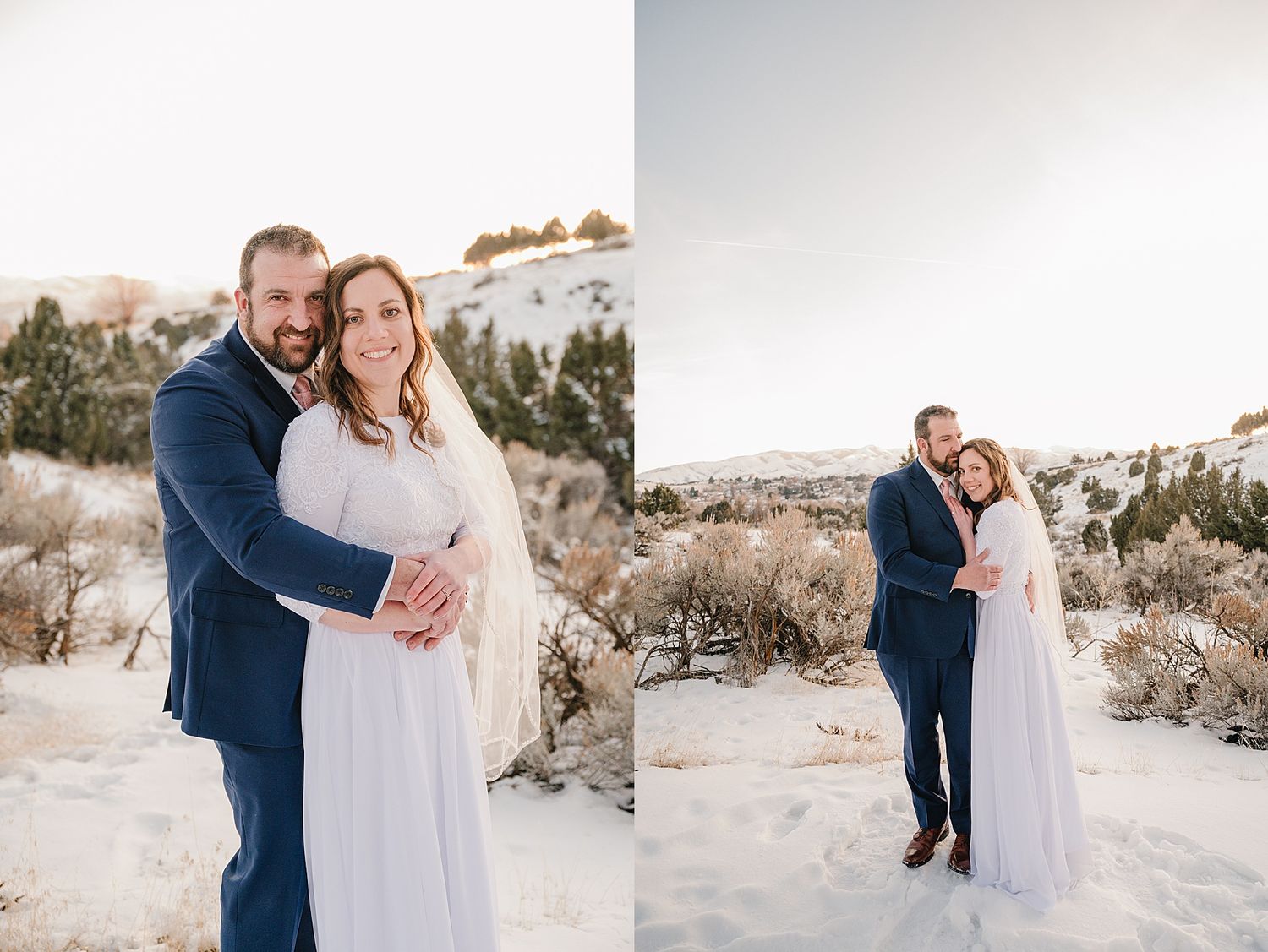 Wedding photos captured in a snowy desert landscape with natural winter scenery.