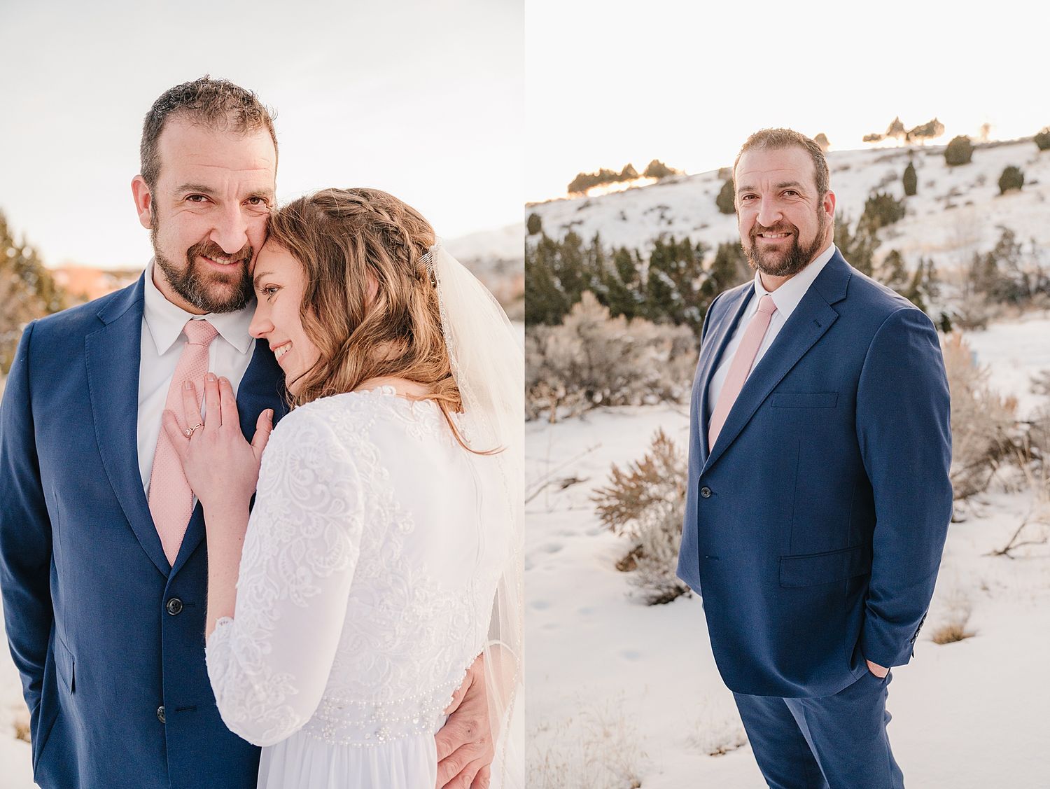 Romantic outdoor wedding photos captured in a desert setting with soft lighting and navy suit details.