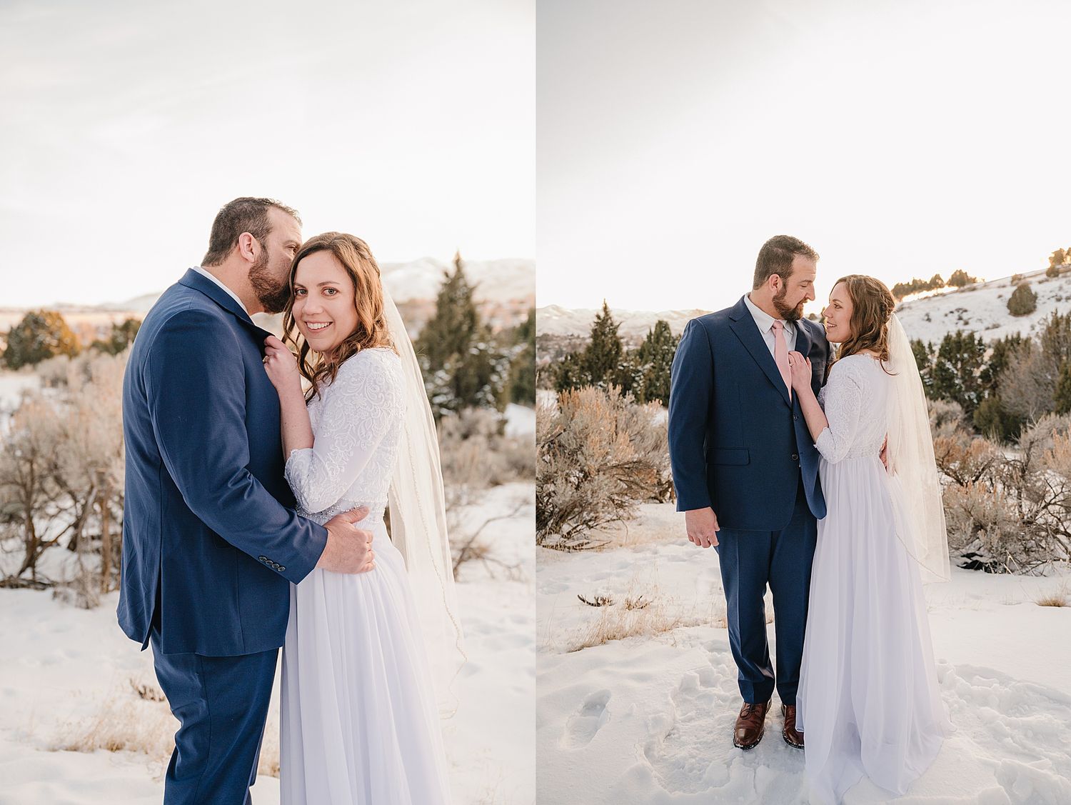 A romantic wedding photo shoot in the snow featuring a couple in blue suit and white dress embracing.