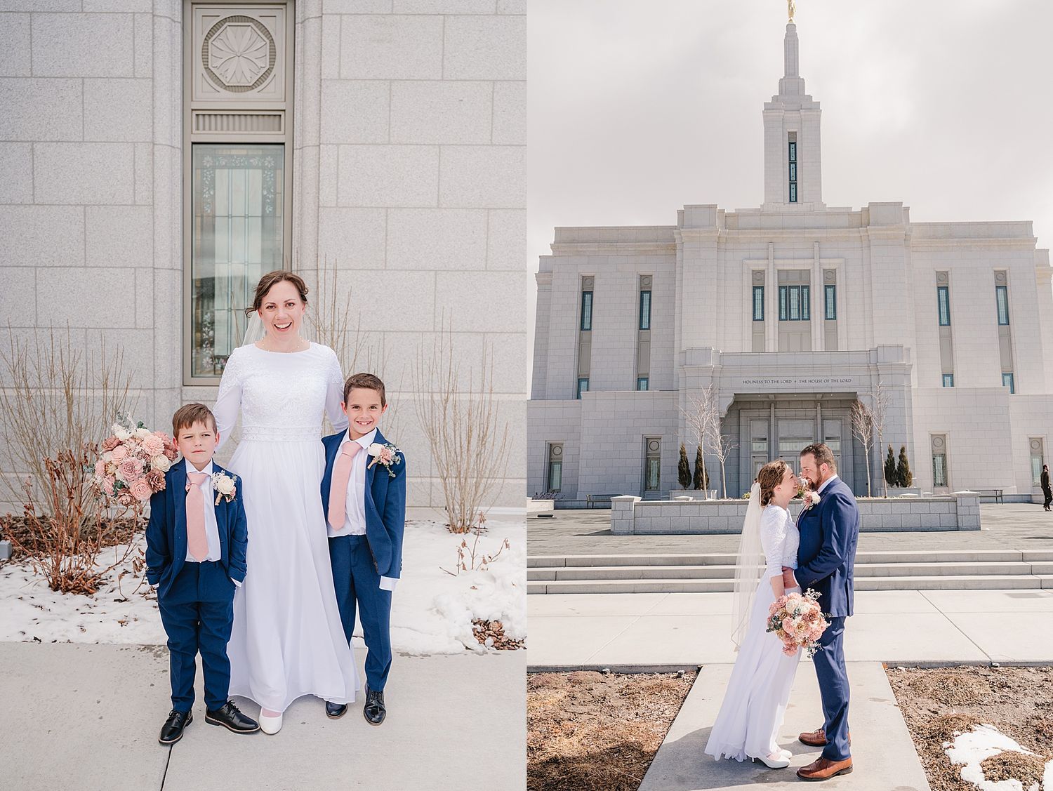 Two people in blue suits and one in a white dress pose outside a white marble LDS temple building in winter.