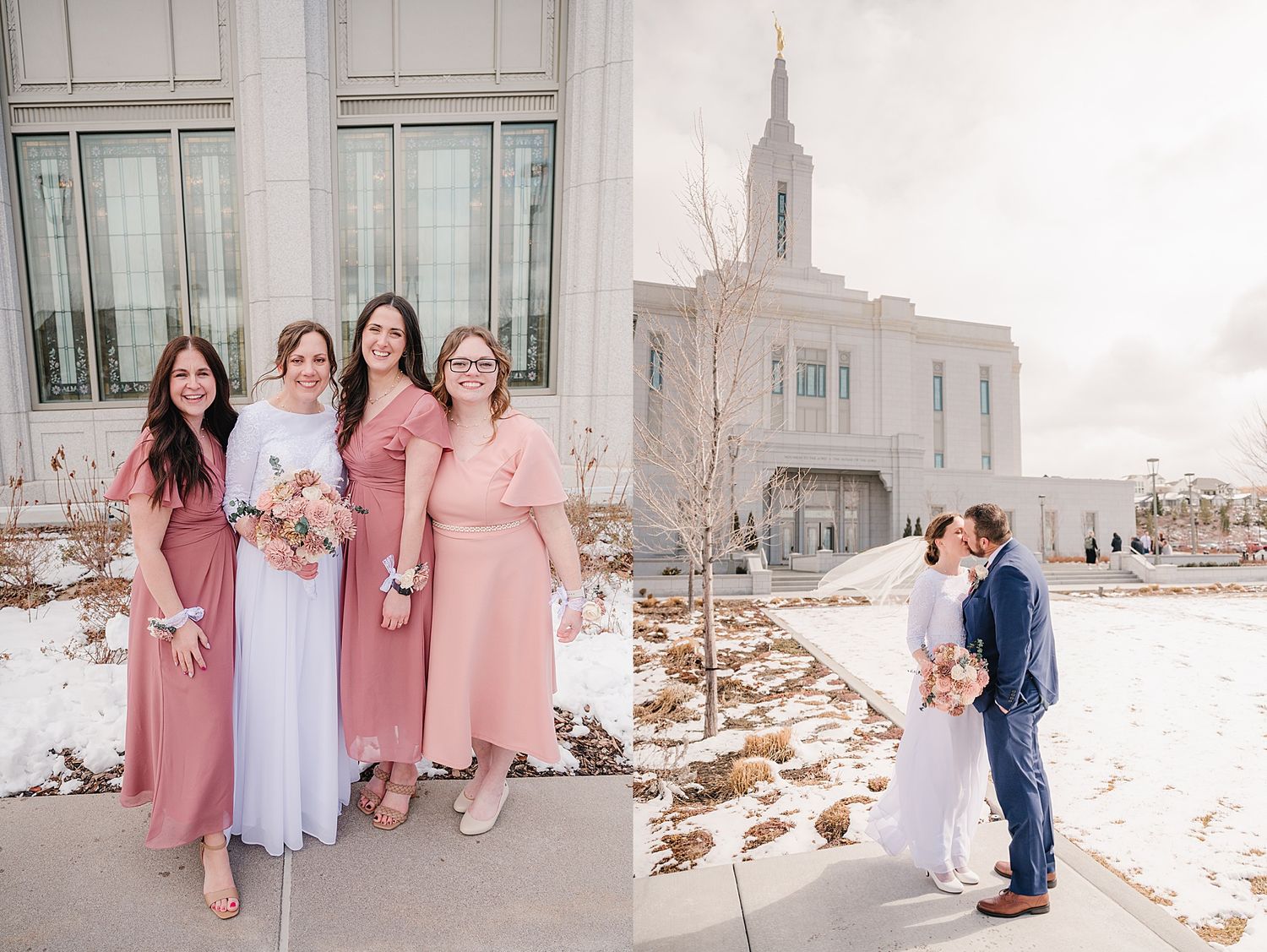 Wedding party members in pink and purple dresses pose in front of a white temple building on a snowy winter day.