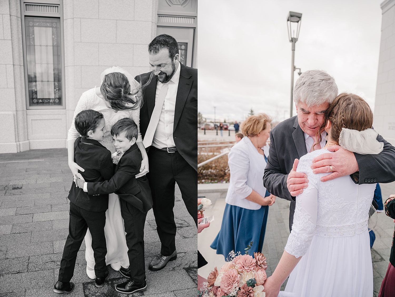 A black and white wedding photo collage showing intimate family moments outside on a stone terrace.