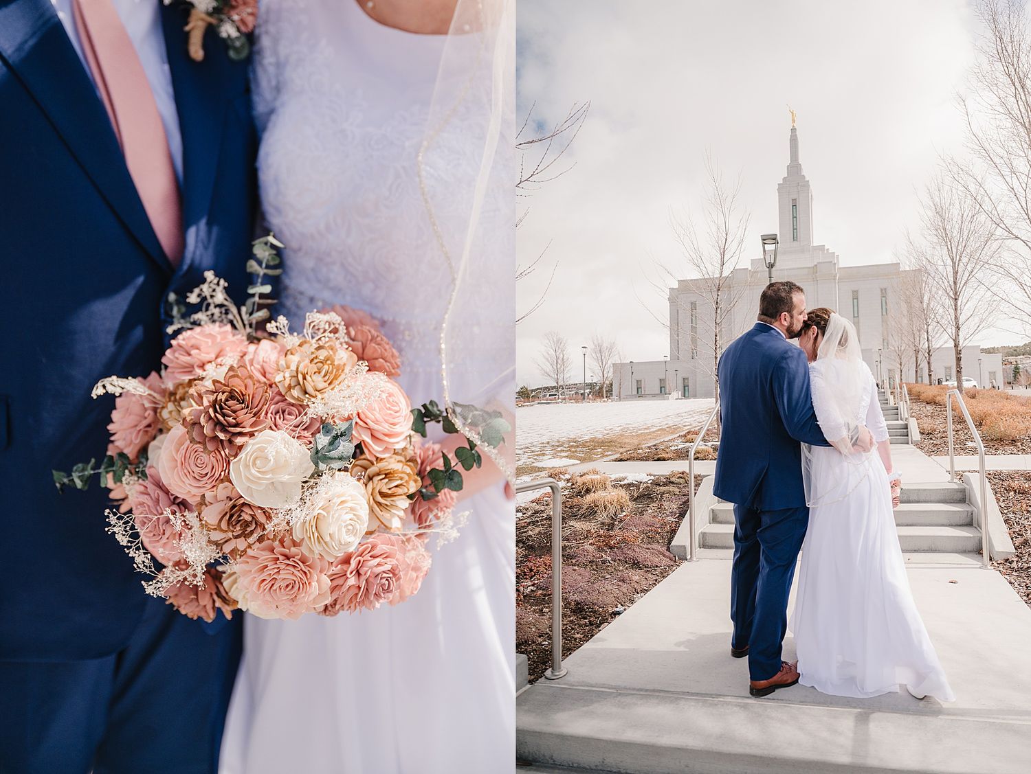 A wedding couple poses near a church with a bridal bouquet of blush pink and cream roses in the foreground.
