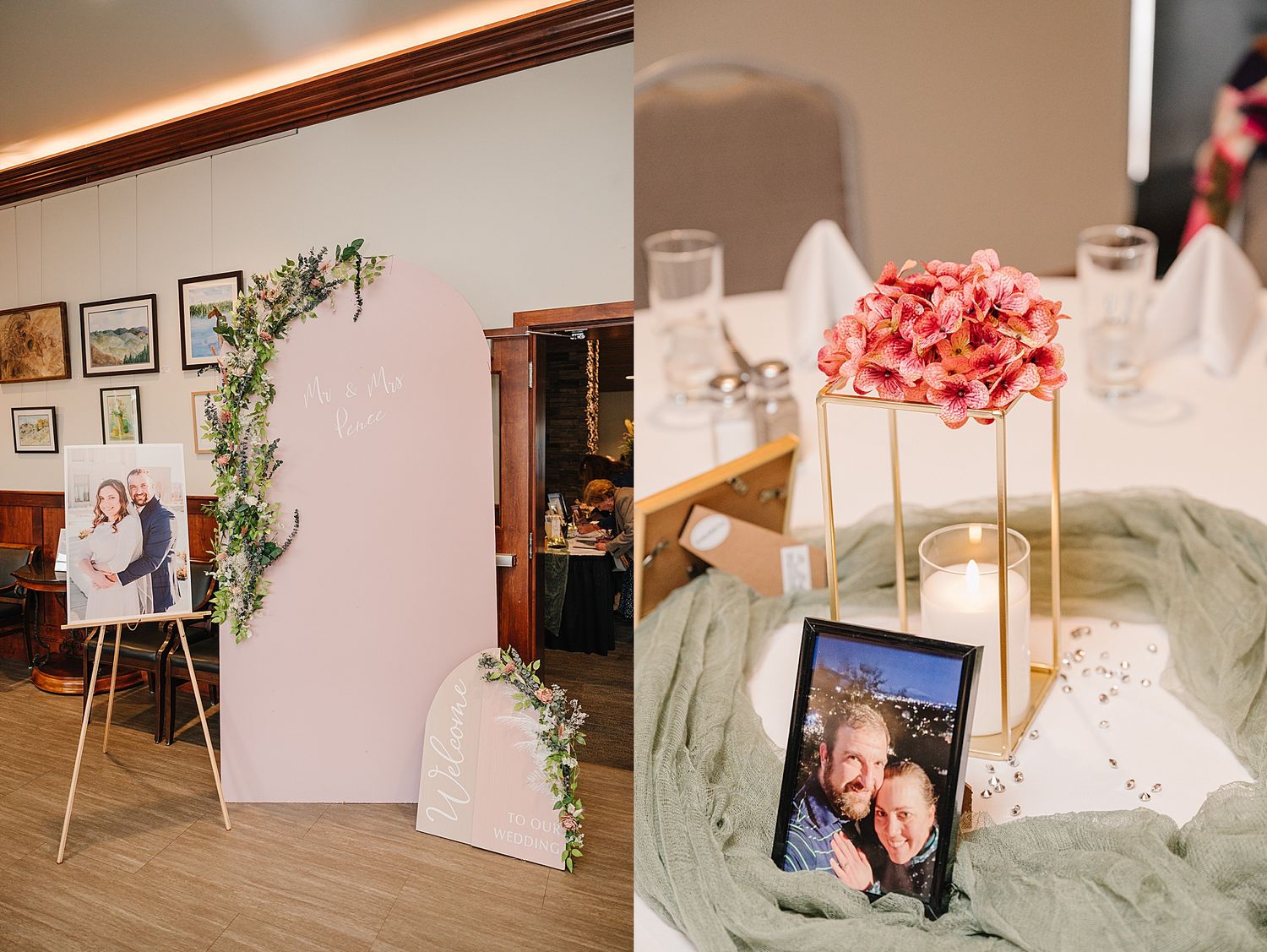 Reception venue decorations featuring floral arrangements, photo displays on easels and decor in soft romantic colors.