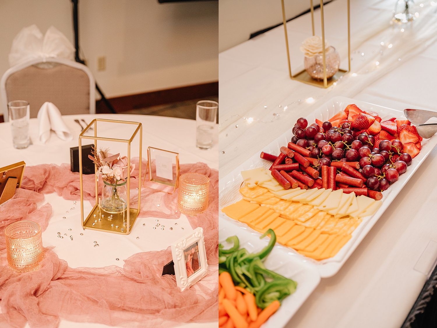 Wedding reception table decorated in pink with geometric centerpieces next to a charcuterie platter of meats and cheeses.