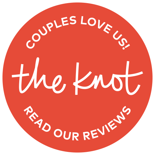 A circular red logo for The Knot wedding website featuring text 'Couples Love Us - Read Our Reviews'.