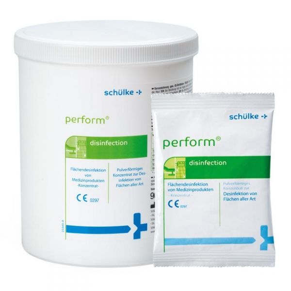 White container of Schulke Perform medical disinfectant with product packaging.