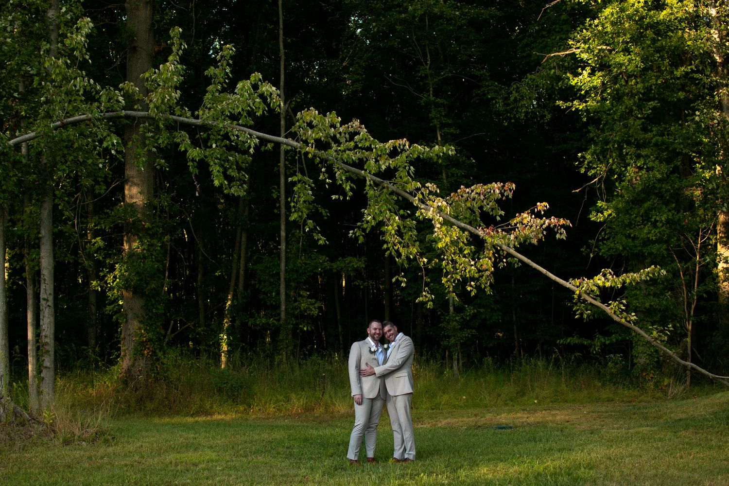 A couple embraces while standing in a wooded area during a golden hour photo session.