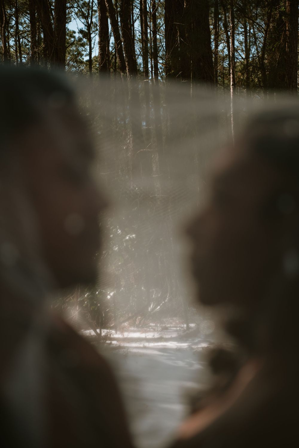 A blurry image of a bride and groom staring at one another with the veil over them.