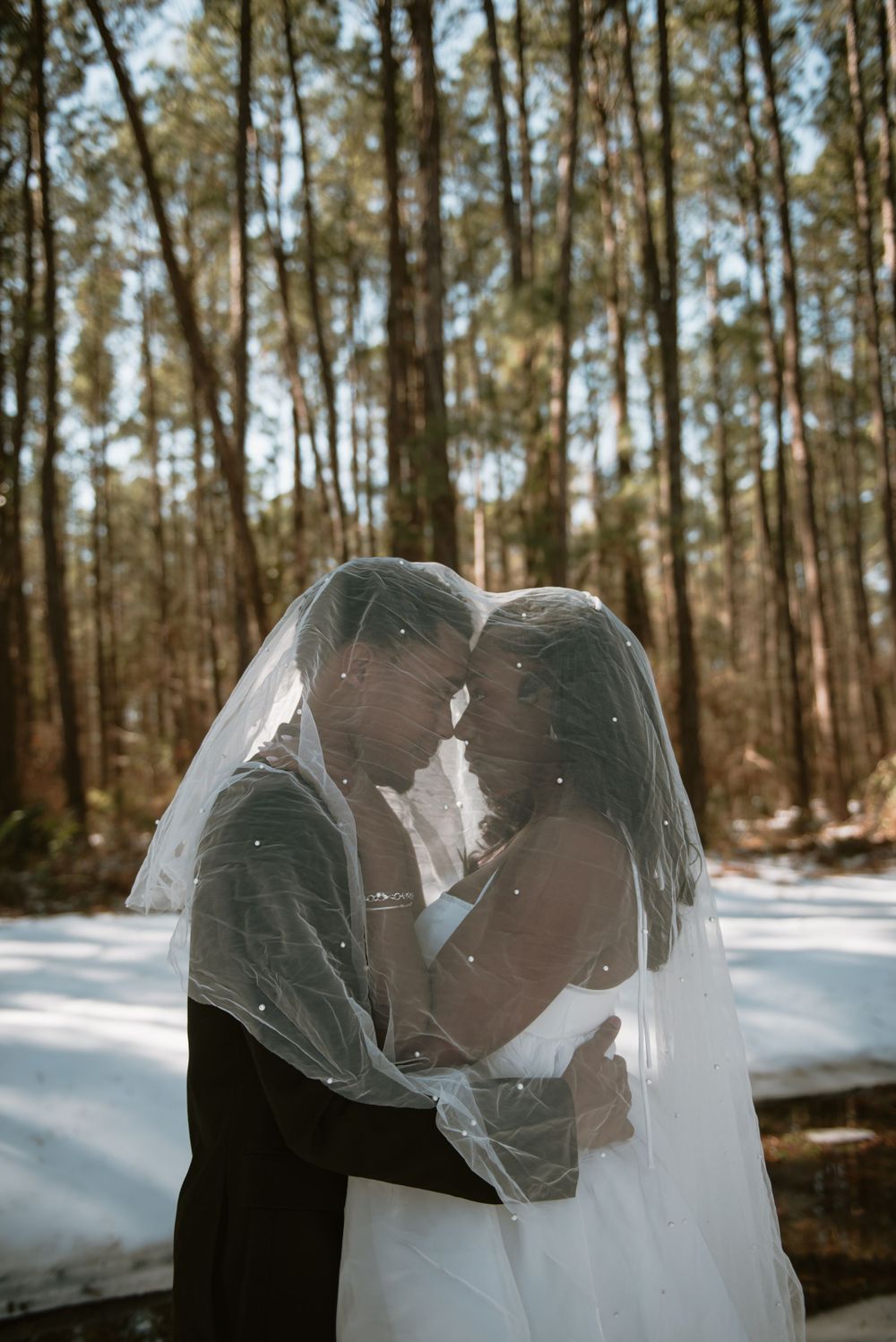 A bride and groom staring at one another underneath the bride's veil outside in a snowy forest.