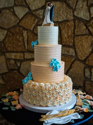 A white wedding cake with elegant piped rosette details.

Indiana Weddings
Illinois Weddings
Michigan Weddings
Weddings