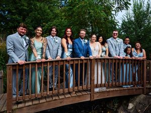 Wedding party poses on a wooden bridge  for outdoor group photos.

Indiana Weddings
Illinois Weddings
Michigan Weddings
Weddings