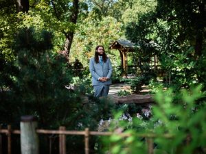 A person sits on a wooden bench in a lush green garden setting surrounded by trees and dappled sunlight.