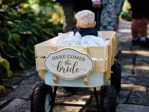 A rustic wooden wagon decorated with elegant wedding signs and ribbons sits in a garden setting.