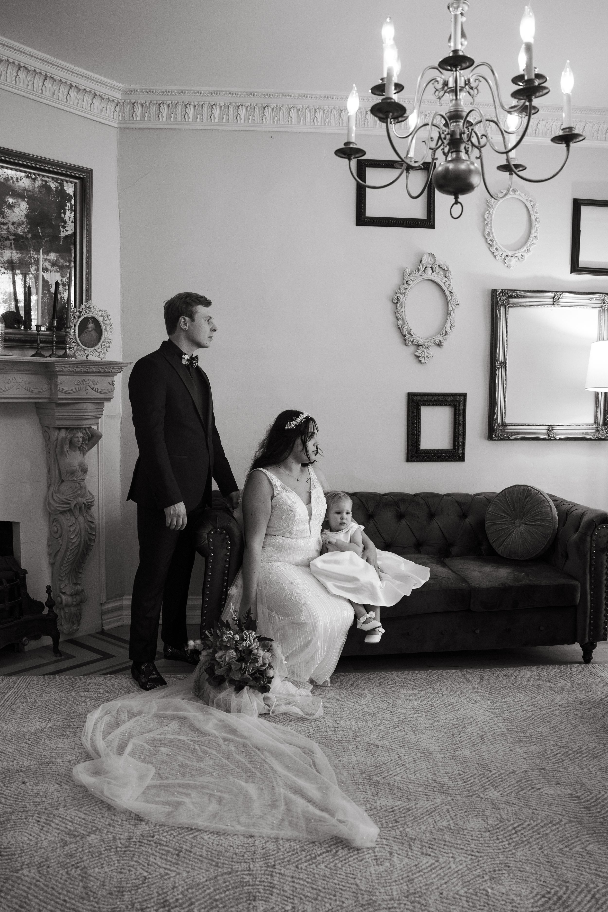 Unique vintage style family wedding portrait at Willow Creek Mansion venue in Broken Arrow, Oklahoma