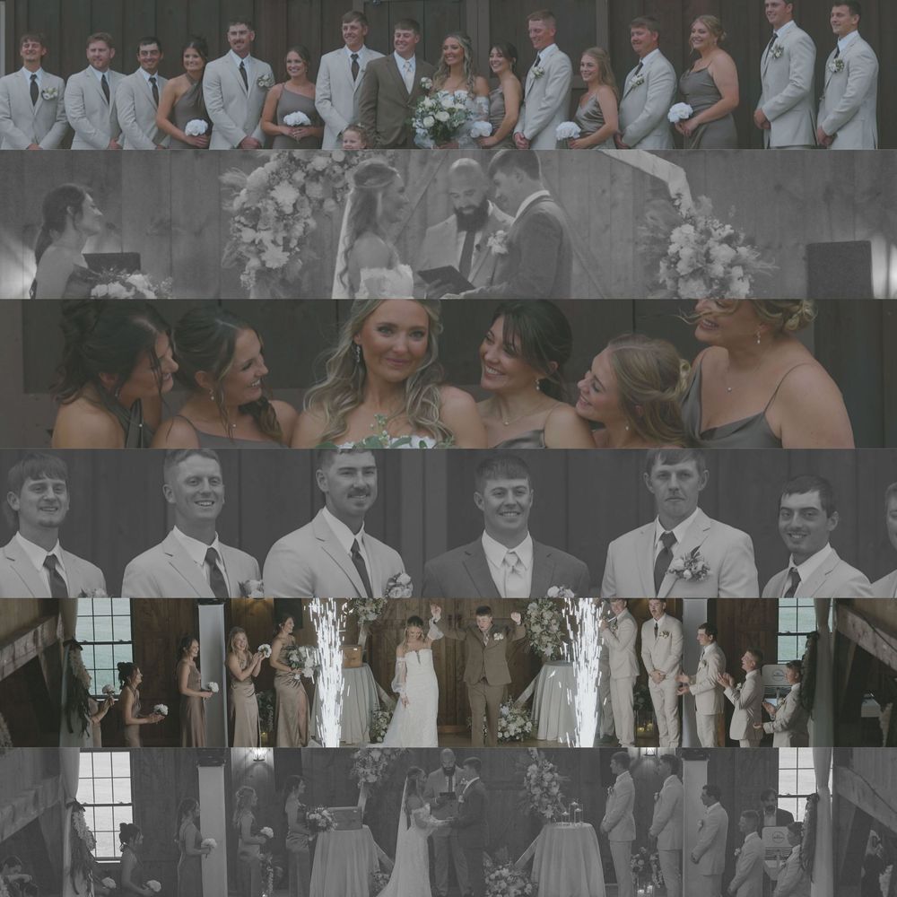 A group in formal white attire stands together during what appears to be a wedding celebration or formal event.