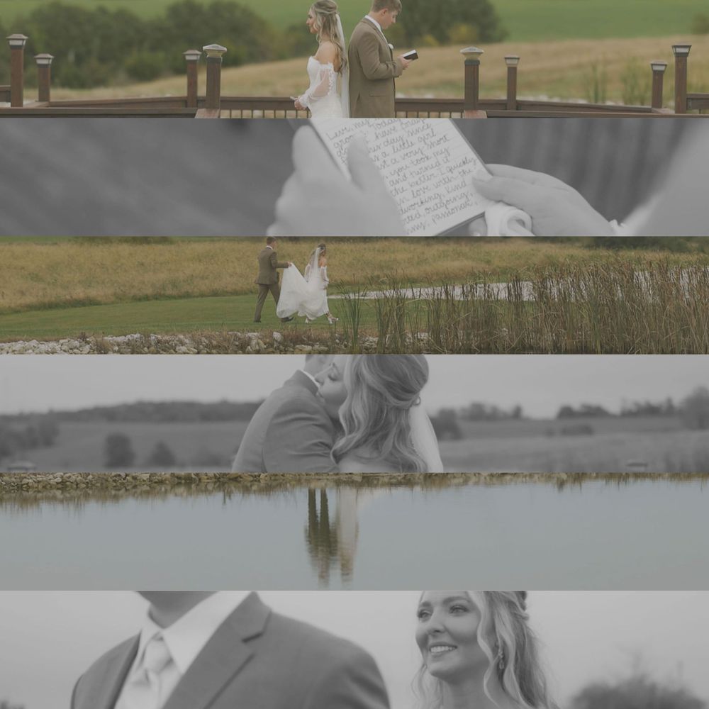 A romantic outdoor wedding ceremony with guests seated on wooden chairs overlooking a scenic lake at sunset.
