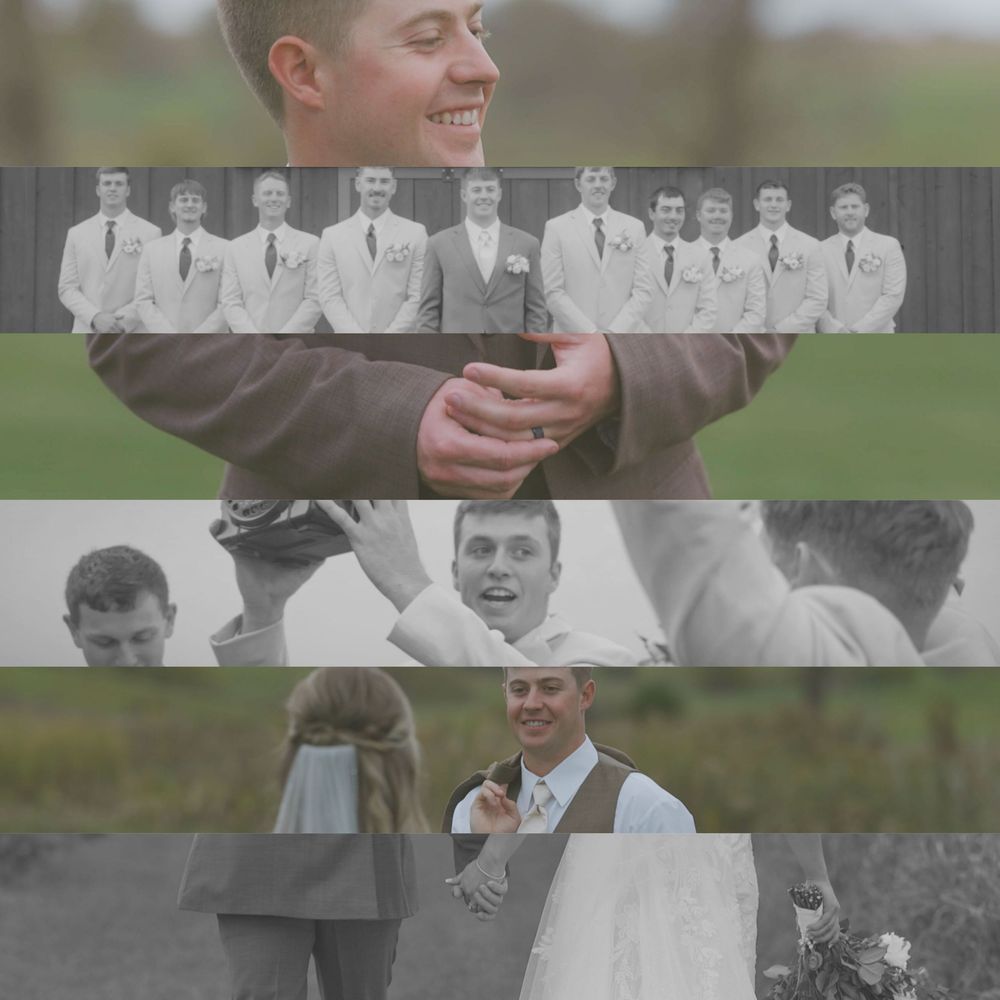 Wedding party members in formal attire pose together in a creative photo collage with black and white elements.
