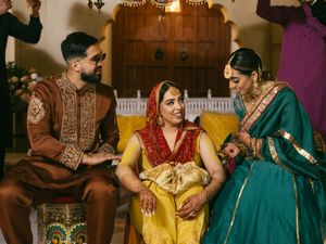 Collage of people in traditional Indian wedding attire celebrating with colorful clothing and decorations.