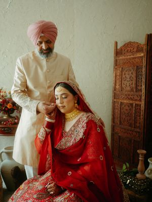 A series of wedding photos showing a couple in traditional Sikh attire with the bride in red and groom in cream.