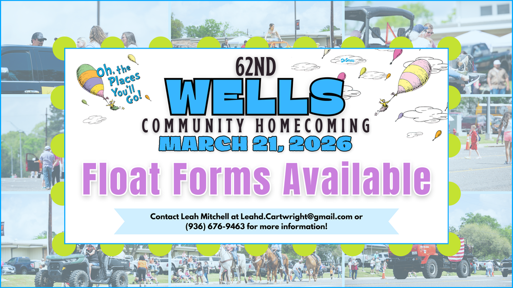 Promotional banner for 62nd Wells Community Homecoming event with float forms available notice.