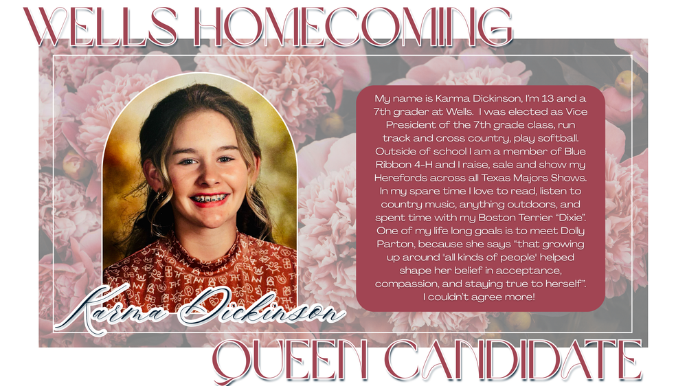 Queen candidate announcement poster with pink floral background and biographical text.
