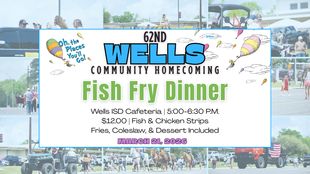 A banner advertising a community fish fry dinner and homecoming event.