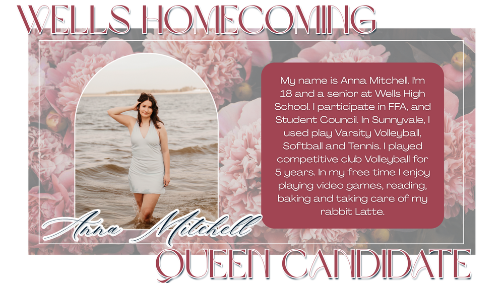 Homecoming queen candidate announcement with beach photo and biographical text on pink background.