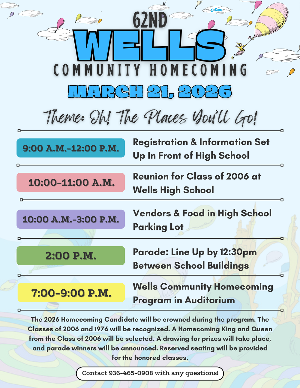 A detailed schedule for Wells Community Homecoming events with times and activities listed.