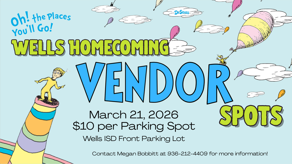 Dr Seuss themed vendor spots advertisement for Wells Homecoming event on March 21 2026.