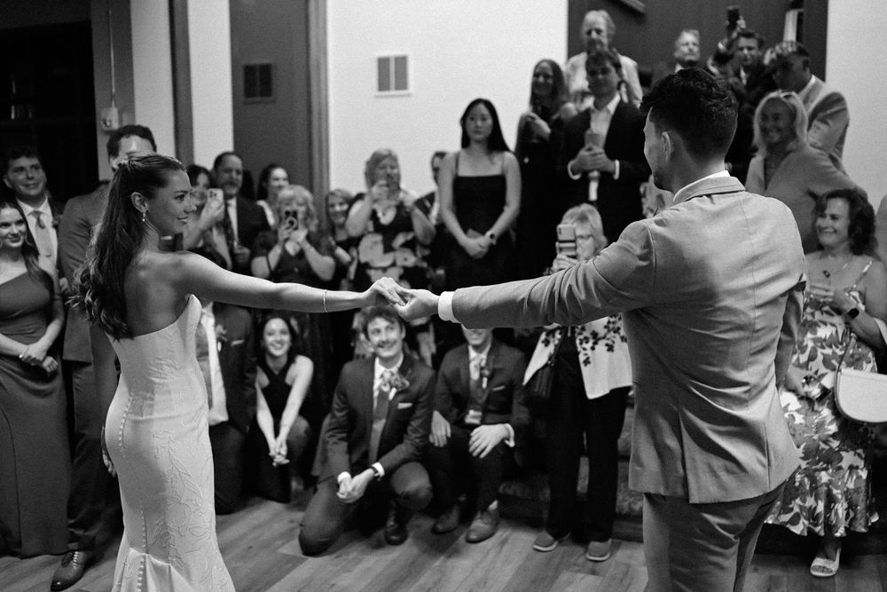A wedding reception dance sequence showing multiple candid moments of celebration on the dance floor.