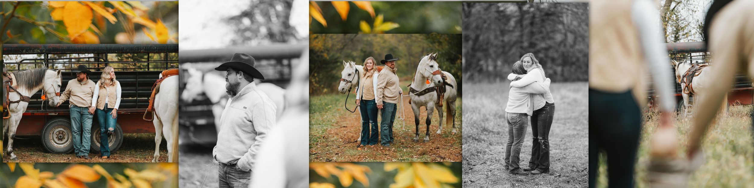 A series of romantic outdoor engagement photos showing a couple in autumn settings with golden sunlight and fall foliage.