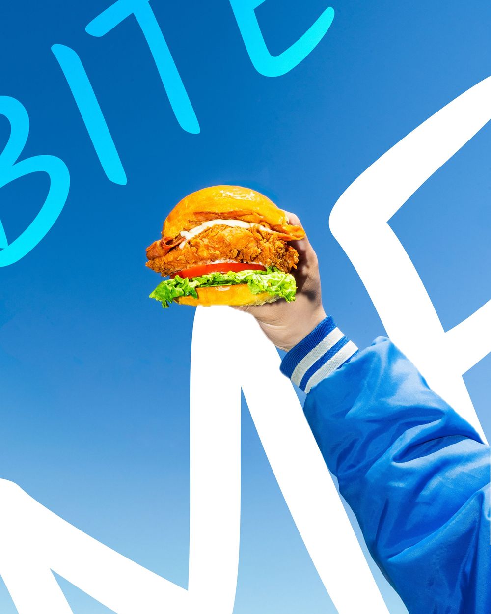 A row of hamburgers on a bright blue background with repeating white geometric patterns.