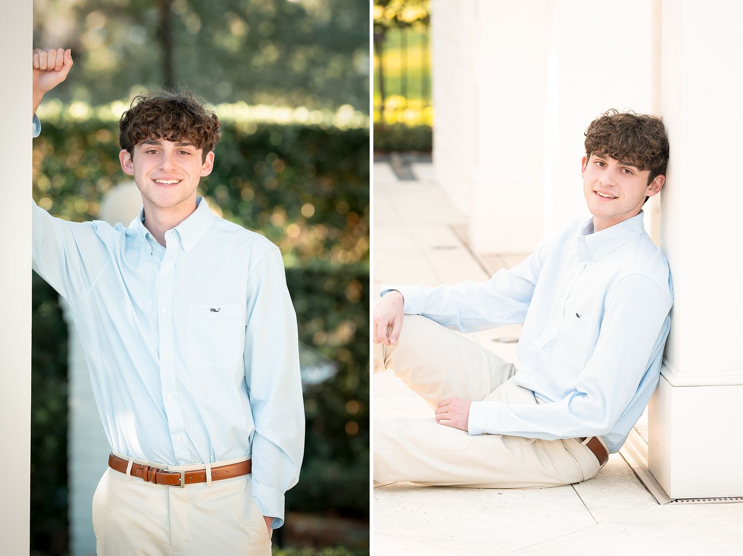 A series of professional senior portrait photos showing someone in a light blue button-down shirt against outdoor backgrounds.