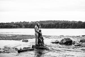 A sequence of vintage black and white photographs showing people exploring rocky shoreline and coastal landscapes.