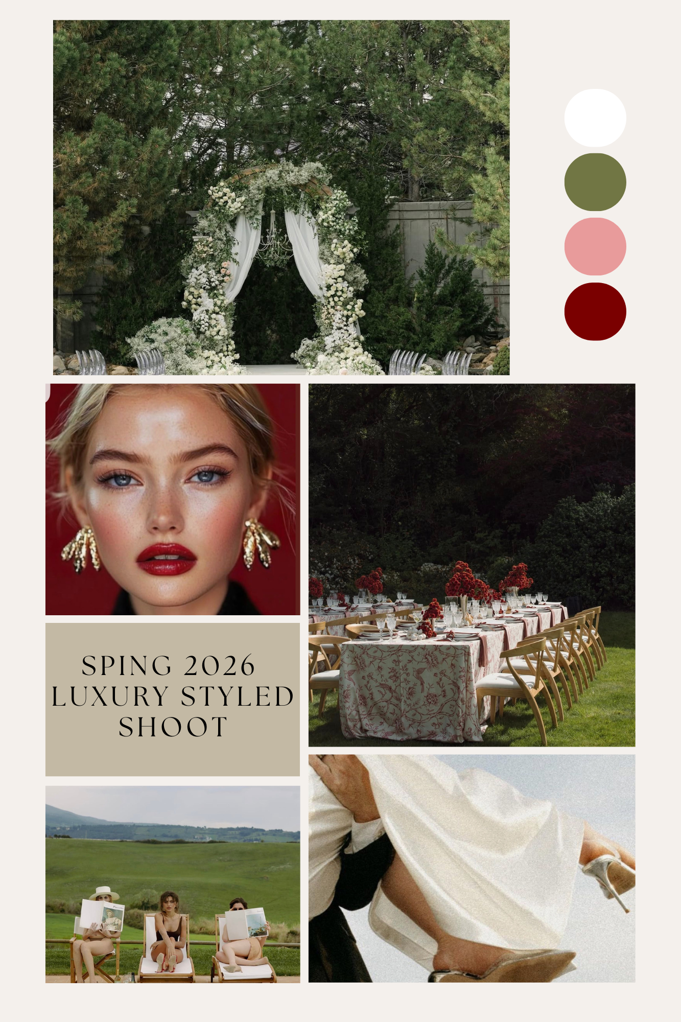 Elegant outdoor garden party setup with vintage furniture and floral arrangements in soft pastel colors.
